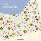 2027 Lieblingstage. Bunte Bienen und Blumen, Text "Bee happy" auf zartgrünem Hintergrund, unten Kalendertage.