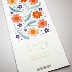 2027, Ein Jahr voller Glücksmomente. Illustration mit bunten Blumen und grünen Blättern.