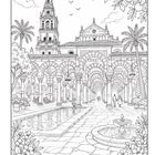 Illustration eines architektonischen Hofes mit Bögen, Palmen, einem Brunnen und Blumen im Vordergrund.