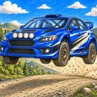 Illustration eines blauen Rallye-Wagens, der über eine staubige Straße springt, umgeben von Bergen und Bäumen.