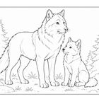 Ein Wolf und ein Wolfsjunges schauen sich in einer Waldlandschaft an, umgeben von Bäumen und Gras.
