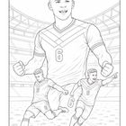 Illustration eines Fußballspielers mit der Nummer 6, der jubelt, läuft und den Ball tritt in einem Stadion.