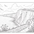 Illustration einer Küstenlandschaft mit Klippen, Meer, Wolken und einem Wanderer auf einem Pfad; Vögel fliegen.