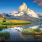 "1–30, Matterhorn - 4.478m, 4. Kalender mit Berglandschaft, spitzem Gipfel über See und grüner Wiese."