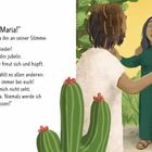 Text über Maria, Jesus und Lotte. Illustration: Jesus, zwei Frauen, ein Schaf, Pflanzen, warmes Ambiente.