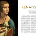 Links der Text: "LEONARDO DA VINCI malte 1490 Die Dame mit dem Hermelin, ein Porträt von Cecilia Gallerani, eine der Mätressen von Fürst Ludovico Sforza." Rechts oben steht "1400-1600 Das Zeitalter der Renaissance."

Illustration: Frau mit einem Hermelin im Arm.