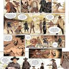 Comic mit bewaffneten Cowboys in Westernkleidung diskutieren aggressiv; es gibt humorvolle und bedrohliche Dialoge.