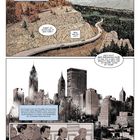 Zwei Bildabschnitte: Oben eine Bergstraße mit Dialogen über New York, unten eine Skyline mit Text über Gefängnisstrafen.