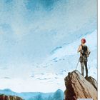 „DIE KUNST, ACHTSAM ZU SEIN, HAT MICH UBAC GELEHRT.“ Illustration: Eine Person steht auf einem Berggipfel vor blauem Himmel.