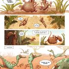 Comic über Tiere in der Wildnis. Zwei pelzige Wesen in Panik vor grünen Dinosauriern. Dialoge wie "Schnell, schnell, schnell!"
