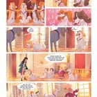 Comic-Panels mit Hunden und Menschen in einem eleganten Raum. Humoristische Dialoge über Benehmen und Vorbereitungen.