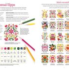 Titel: Ausmal-Tipps, Motivverzeichnis. Anleitungen und Farbverzeichnis. Enthält Bilder mit Blumenmotiven und Stiften.