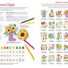 „Ausmal-Tipps“, „Farbverzeichnis“, „Motivverzeichnis“, Illustrationen mit Blumen, Tieren und Gartenszenen.