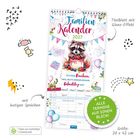 Familien Kalender 2027, Titelblatt mit Glanz-Effekt, lustige Sprüche, 20 x 42 cm. Illustration: Waschbär mit Kuchen.