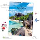 Text: "großer Wandkalender für Weltenbummler", "Traumziele 2027", "Größe: 30 x 42 cm". Foto von Strand mit Felsen.