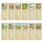 Kalendermonate mit Namen Januar bis Dezember und Illustrationen von Jahreszeiten und ländlichen Szenen.