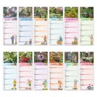 Kalendermonate Januar bis Dezember: Jeder Monat hat ein Gartenbild oben und unten eine bunte Illustration eines Gärtners.