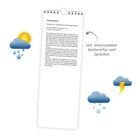 "Wetterinfos und Sprüche", Notizblock mit Texten über Wetter. Illustration: Sonne, Regenwolke, Blitz, Schneewolke.