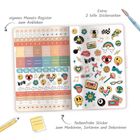 Eigene Monats-Register, 2 tolle Stickerseiten, farbenfrohe Sticker zum Markieren, Sortieren und Dekorieren.