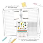 Nur einmaliges Vortragen der Fächer nötig! Mit Stickern zum Markieren, Dekorieren und für Stundenplanwechsel! Ein offener Planer mit Stickern, Bleistift und Lineal links.