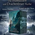"Die Mondlilien und Drachenfeuer Reihe" oben. Begriffe: Kleine Drachen, Kampf um den Thron, Helden mit Ecken, Found Family. Darunter ein Buchcover: "Das Gift der Mondlilie" mit einer Frau und Burg im Hintergrund. Wolken und Berge umrahmen die Szenerie.
