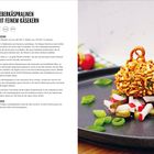 Leberkäsepralinen mit Käsekern; Zutaten, Zubereitung und Tipp sind aufgelistet; rechte Seite zeigt eine Praline auf Gemüse.