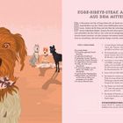 Kobe-Ribeye-Steak am Knochen, Rezept für 2 Personen. Zutaten und Zubereitungsschritte. Links Illustration von Hunden.