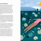 Titel: "SCHWIMMEN". Neben dem Text schwimmt eine Person im rosafarbenen Badeanzug zwischen Seerosen auf einem See.