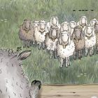 Oben rechts befindet sich der Text "...". Eine Herde Schafe steht auf einer grünen Wiese, im Vordergrund ein Schaf von hinten.