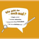 "Wie geht das nochmal?" und vier Schritte in Sprechblase. Lupe, Stift; orange Hintergrund.