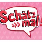 "Schätz mal!" in einer Sprechblase mit rosa Hintergrund und Herzmotiven.