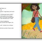 Text links: Dialoge über Spazierengehen, Psychologie, Ordnung, Hausübungen und Aufschieberitis. Illustration rechts: Frau mit Tasche, Kind auf Skateboard.