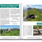 **Wandern im Bregenzerwald und im Großen Walsertal**

Es gibt beschreibende Texte und Fotos von Landschaften, einer Wanderin mit Rucksack und einem Foto mit einer Kuh vor Bergen.