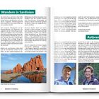"**Wandern in Sardinien**" und "**Autoren**" als Überschriften. Zwei Textseiten mit Bild von roten Felsen und Fotos von zwei Personen.