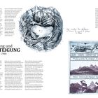 Entdeckung und Besteigung (1741 bis 1788). Illustration: Runde Bergansicht und antike Karte; darunter Tiere.