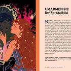 UMARMEN SIE Ihr Spiegelbild. Ein Text über Selbstakzeptanz. Illustration: Frau betrachtet ihr Spiegelbild umgeben von Farben und Mustern.