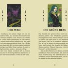 "DER PFAD" und "DIE GRÜNE HEXE" als Überschriften. Links ein Pfad durch einen Wald, rechts eine Hexe mit Vogel, beide Illustrationen.