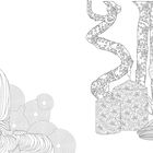 Illustration eines Buddhas und Bambus mit Blumen, detaillierte Muster und wellenartige Linien.