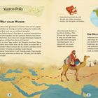 „Marco Polo. Eine Welt voller Wunder“. Eine Karte mit Route, ein Buch und ein Mann auf einem Kamel, historische Gebäude.