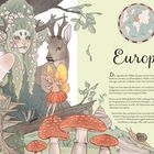 Text: "Europa. Die majestätischen Wälder Europas sind die Heimat vieler kleiner Kreaturen." Illustration von Feen mit Tieren und Pilzen.