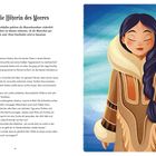 "Sedna, die Hüterin des Meeres" steht oben. Links Text einer Geschichte, rechts eine Illustration von Sedna mit Zopf und Fellkleidung.