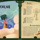"Mjölnir" steht oben groß. Rechts werden Ursprung, magisches Vermächtnis, heutiger Status und die Legende des Hammers beschrieben. Links hält eine Hand den Hammer, umgeben von Wolken.