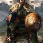 Illustration: Ein majestätischer König in Pelz auf einem Thron, mit einem verzierten Schild und goldener Krone.