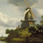 Windmühle auf einem Hügel mit Bäumen, umgeben von einem ruhigen Gewässer und bewölktem Himmel. Gemälde.