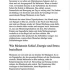 Beschreibung der Melatonin-Produktion und Wirkung, inklusive Serotonin als Ausgangsstoff und Einfluss auf Schlaf und Stress.
