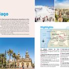 Santiago wird mit Sehenswürdigkeiten, Gastronomie und Kultur beschrieben. Eine Karte zeigt Highlights. Szenen zeigen Berge und die Stadt.