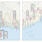 Zwei Karten der US-Westküste mit markierten Routen und Beschreibungen zu Nationalparks und Sehenswürdigkeiten.