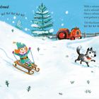 Text: "...elves! Ho! Ho! Ho! With a whoosh, wheee here... Old MacSanta had a farm. Ho! Ho! Ho! Ho! Ho! And on that farm he had some...". 

Illustration: Winterlandschaft mit Elfen auf Schlitten, ein lächelnder Weihnachtsmann mit Schubkarre voller Möhren, Ziegen und einem Hund im Schnee. Ein roter Traktor steht im Hintergrund.