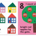 "7 I count seven." Sieben bunte Häuser.  
"8 I count eight bright red apples by the gate." Baum mit fröhlichen Gesichtern auf Äpfeln.
