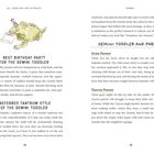 "Best Birthday Party for the Gemini Toddler", "Preferred Tantrum Style", "Gemini Toddler and Parent". Illustration: Dinosaur mit Partyhut.